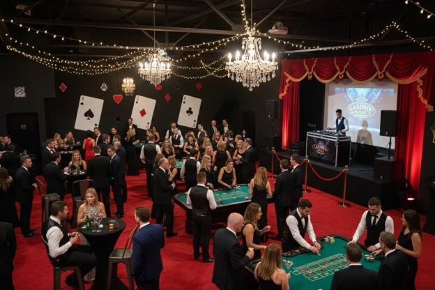 Großer Veranstaltungssaal der The Puls Eventlocation im Casino-Stil mit rotem Teppich, Spieltischen, Kronleuchtern und DJ auf der Bühne.