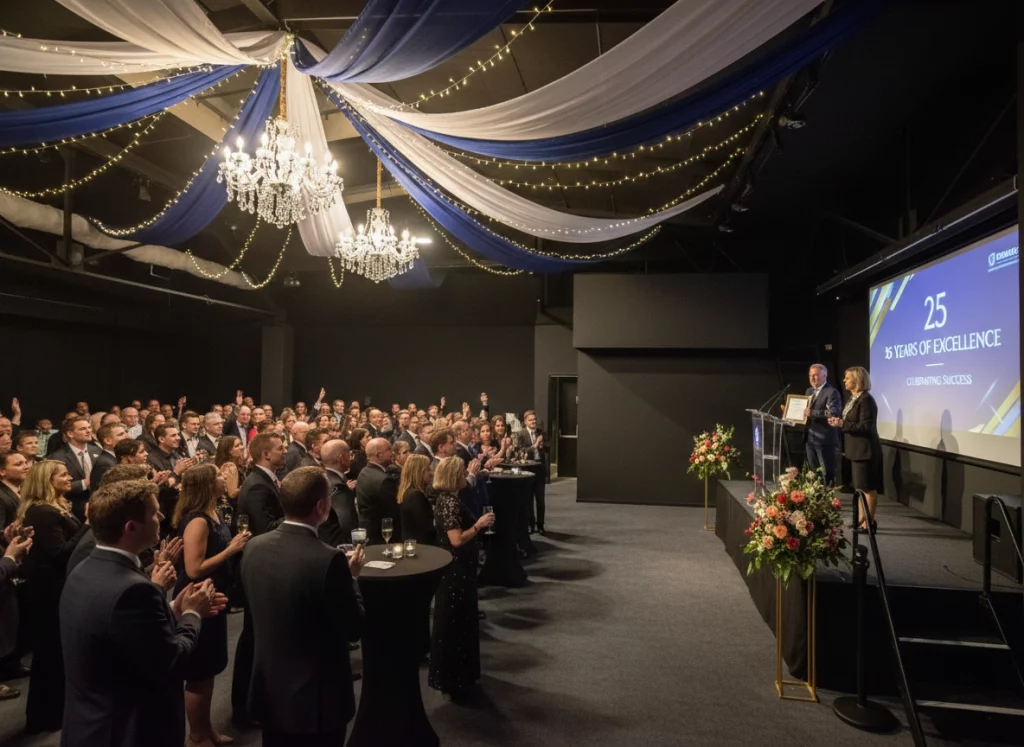 Festliche Feier zum 25-jährigen Firmenjubiläum in der Eventlocation von The We Agency in Langenfeld mit Gästen, Bühne und Kronleuchtern.“