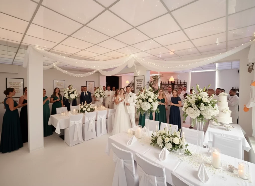 Festlich dekorierter Hochzeitssaal in weiß bei The We Agency mit eingedeckten Tischen, Blumengestecken, Brautpaar und mehrstöckiger Hochzeitstorte.